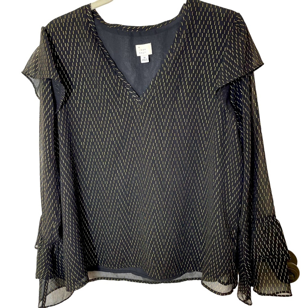 Target A New Day Black Gold Metallic Print Ruffle Trim Top in Size Medium